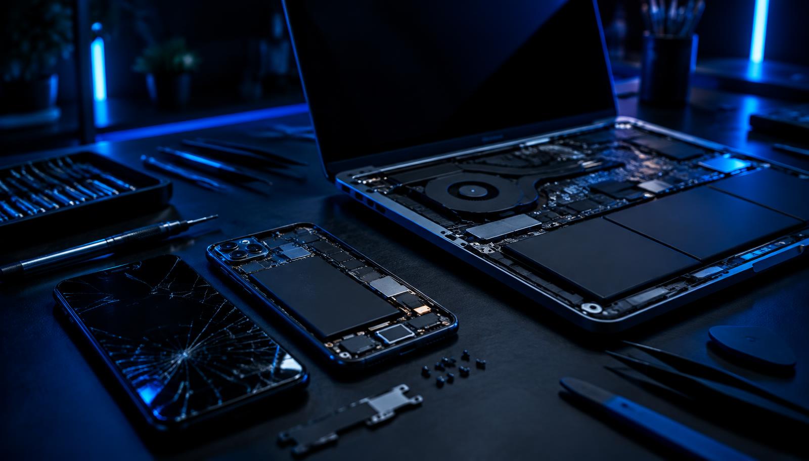 Celular e notebook em reparo na bancada da HB Info